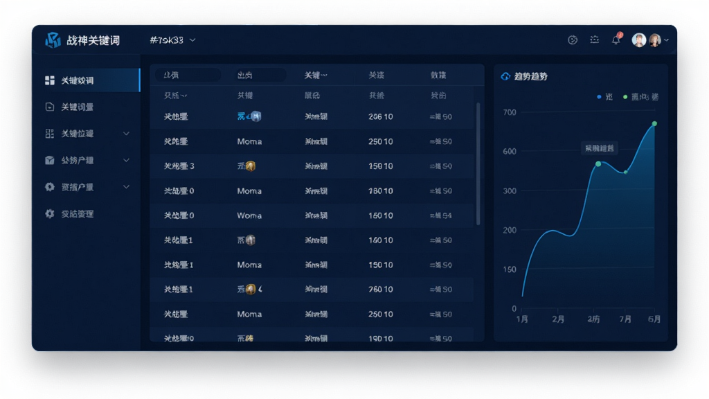 战神关键词工具主界面,左侧功能导航栏,中间数据表格展示关键词列表,右侧趋势图表,整体采用深蓝色科技风格,界面干净整洁,画质清晰,无多余元素