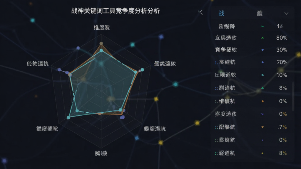 战神关键词工具竞争度分析图表,雷达图展示关键词各维度得分,右侧数据面板显示具体数值,深色背景,数据可视化效果突出,画质细腻,无多余元素