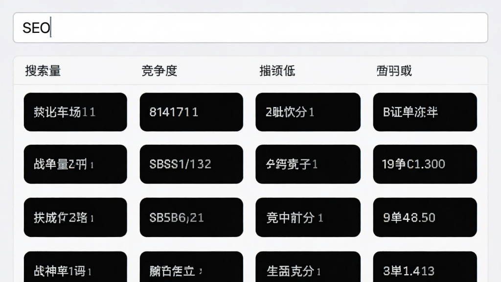战神关键词工具关键词拓展功能截图,输入框输入“SEO”,下方网格展示拓展出的关键词列表,包含搜索量、竞争度等数据列,界面浅色背景,排版整齐,画质清晰,无多余元素