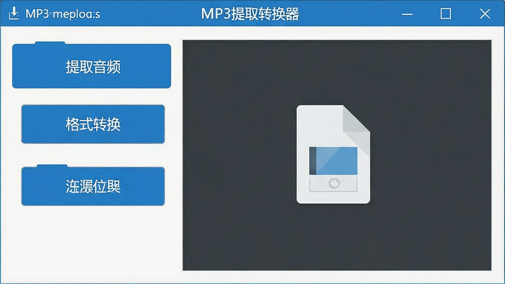 ���壺MP3��ȡת�����������棬չʾ�����ں͹��ܰ�ť�����֣�������У����Ϊ�����б����Ҳ�Ϊ�ļ���ק�����Ű棺�������򣬱�������ʾ��MP3��ȡת������������ִ���ƽ����ƣ�ɫ������ɫ�Ͱ�ɫΪ����ϸ�ڣ���ť�ϱ�ע����ȡ��Ƶ��������ʽת���������֣������ɾ������ʣ����壬�ɾ����޶���Ԫ�ء�
