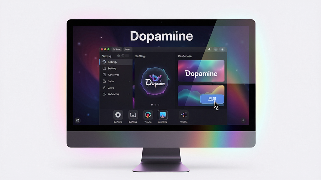 主体:一台运行Dopamine的电脑屏幕,显示设置界面和主题预览。布局:电脑居中,屏幕内为软件界面,周围有柔和的光晕。排版:屏幕上方有“Dopamine”字样,下方为设置选项图标。风格:科技感与时尚感结合,色彩丰富。细节:屏幕反射出淡淡的彩色光线,鼠标指针悬停在“应用”按钮上。画质:高清渲染,纯净背景。