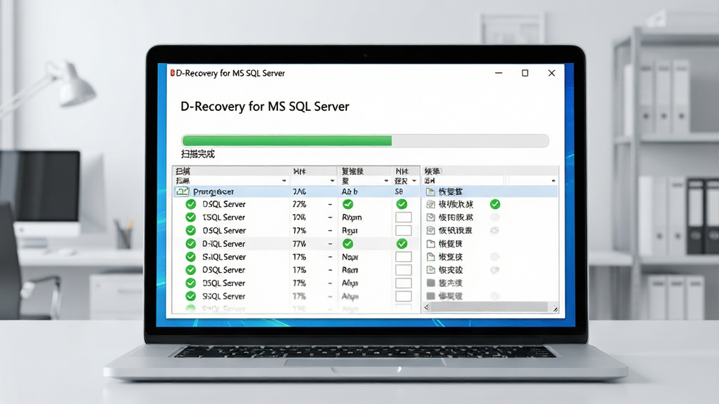 ���壺һ̨�ʼǱ�������Ļ��ʾSQL Server���ݿ��޸����棬��������ɨ��������ͻָ��б������֣����Ծ��У���Ļ���������ɼ�������Ϊ�ɾ���ǳ��ɫ�칫�һ������Ű棺��Ļ�е���������չʾ��D-Recovery for MS SQL Server�������͡�ɨ����ɡ�״̬�����дʵ�Ƽ��У�ɫ��������ϸ�ڣ���Ļ�����ݱ�����ɫ�Թ�ͼ�ꡣ���ʣ����壬�ɾ����޶���Ԫ�ء�