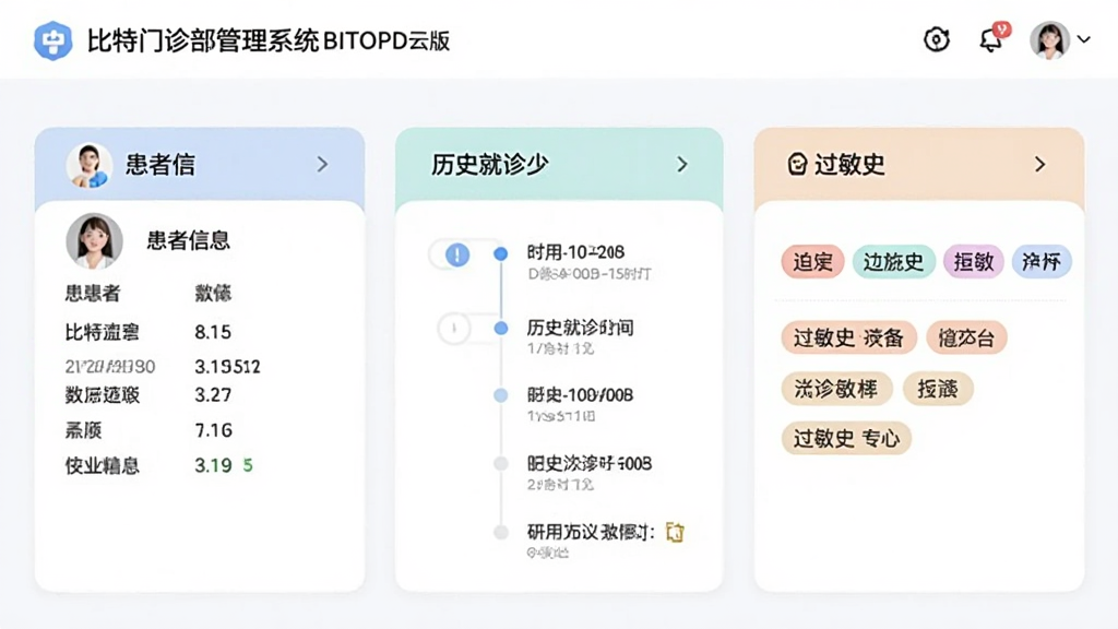 比特门诊部管理系统BITOPD云版的患者档案界面,展示患者基本信息、历史就诊时间轴和过敏史标签,界面采用卡片式布局,色彩柔和,字体清晰,细节丰富,画质干净