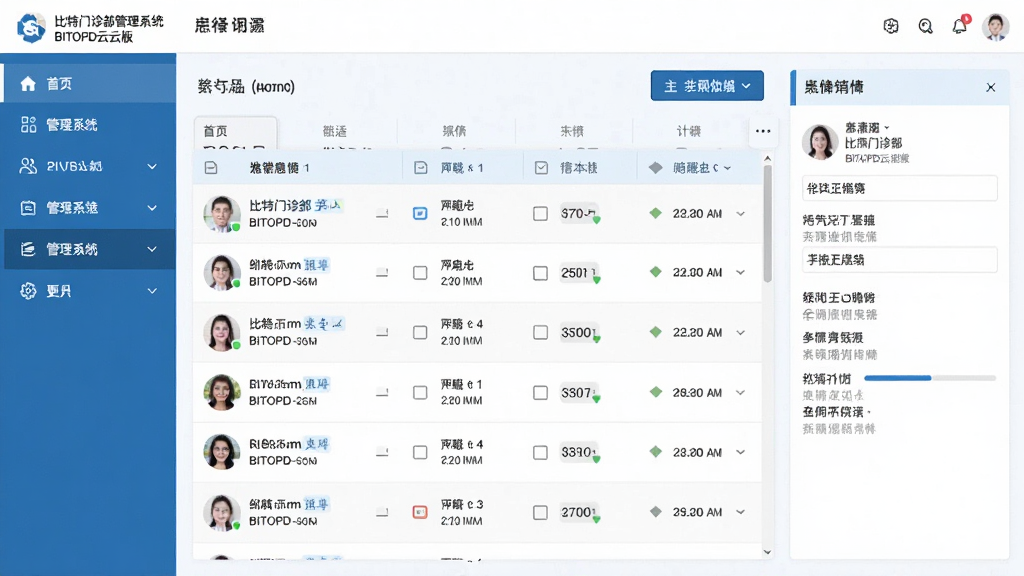 一张展示比特门诊部管理系统BITOPD云版主界面的高清截图,界面包含左侧导航菜单、中央患者列表、右侧详情面板,整体采用蓝白配色,扁平化设计,布局清晰,细节丰富,画质干净,无多余元素