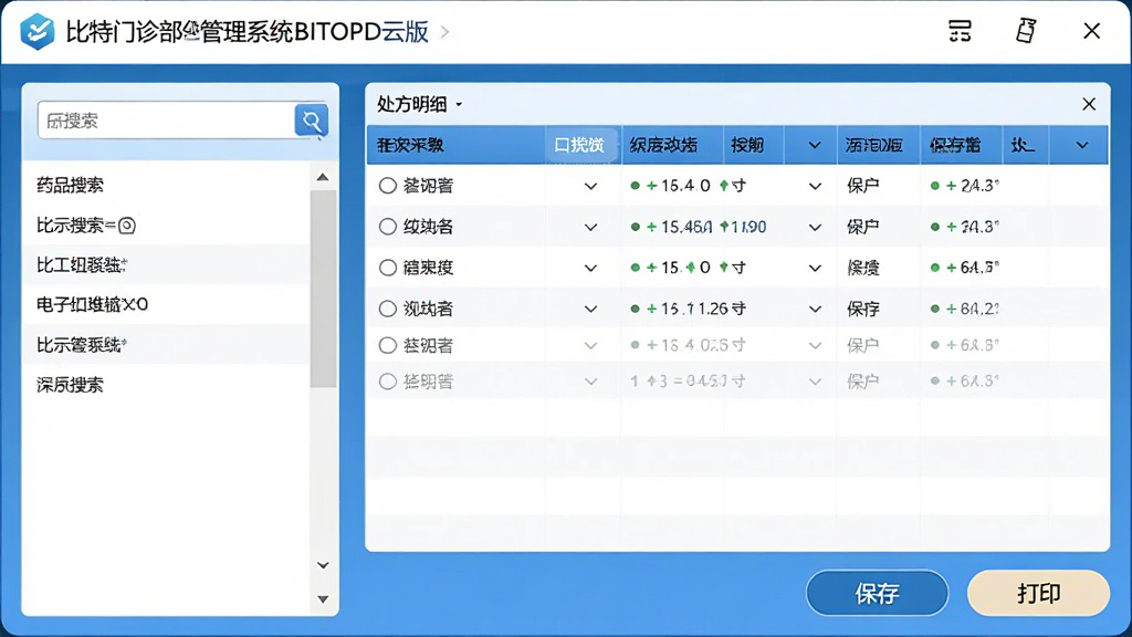 比特门诊部管理系统BITOPD云版的电子处方开具窗口,左侧为药品搜索框,右侧为处方明细列表,底部有保存和打印按钮,界面简洁,蓝白配色,细节丰富,画质干净