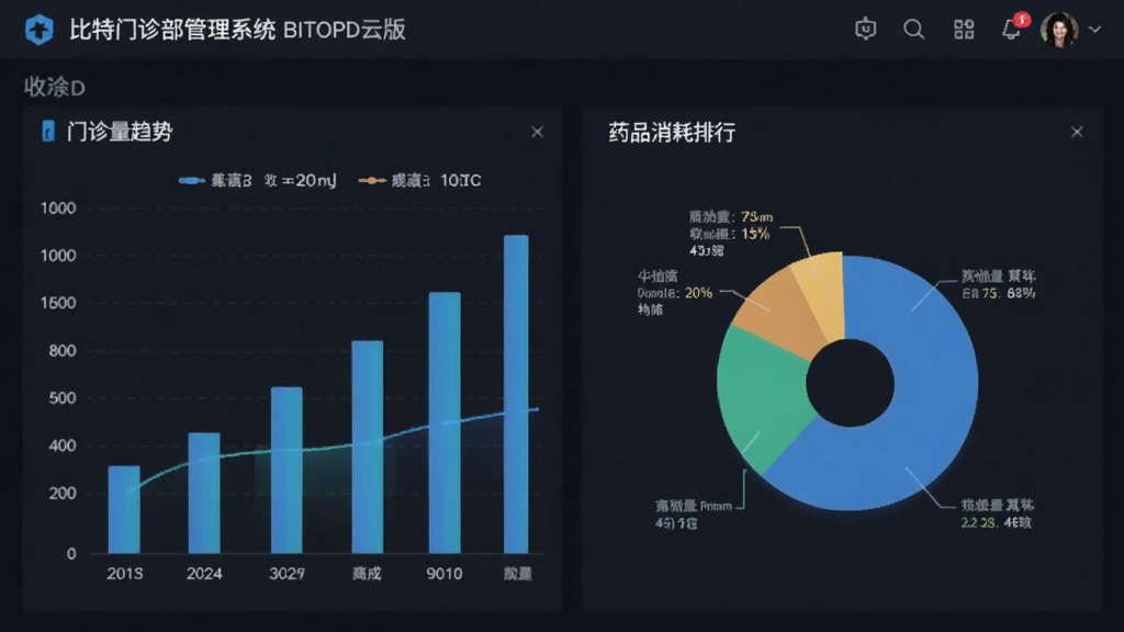 比特门诊部管理系统BITOPD云版的经营报表页面,展示柱状图和饼图,包含门诊量趋势、收入构成、药品消耗排行,界面采用深色背景,数据可视化效果突出,细节丰富,画质干净