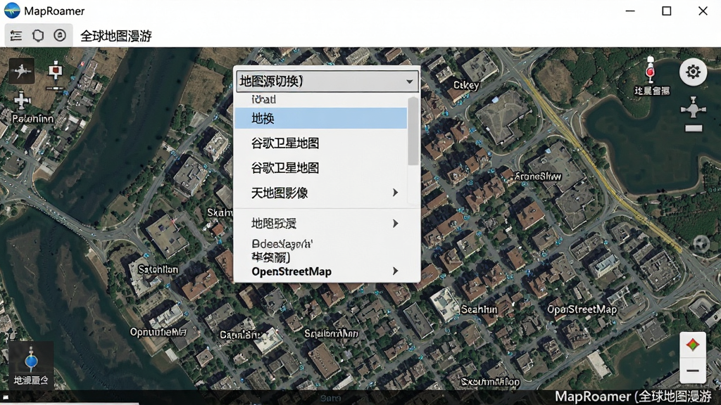 主体为MapRoamer(全球地图漫游)软件运行界面,展示地图源切换下拉菜单,菜单中列出“谷歌卫星地图”“天地图影像”“OpenStreetMap”等选项,背景为城市卫星影像图,界面明亮,细节丰富,画质清晰,干净无多余元素