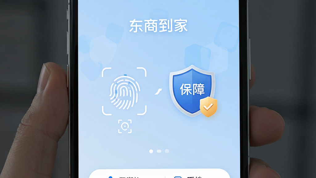 东商到家App安全支付界面,显示指纹或人脸识别验证图标,配以安全盾牌标志和“保障”字样,背景为淡蓝色调,界面简洁,科技感强,画质清晰,干净无多余元素