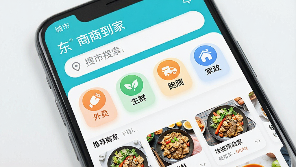 一张智能手机屏幕展示东商到家App主界面,界面顶部显示定位城市与搜索框,中部为服务分类图标如外卖、生鲜、跑腿、家政等,下方是推荐商家卡片列表,整体风格清新简洁,色彩明快,UI设计现代,画质清晰,干净无多余元素