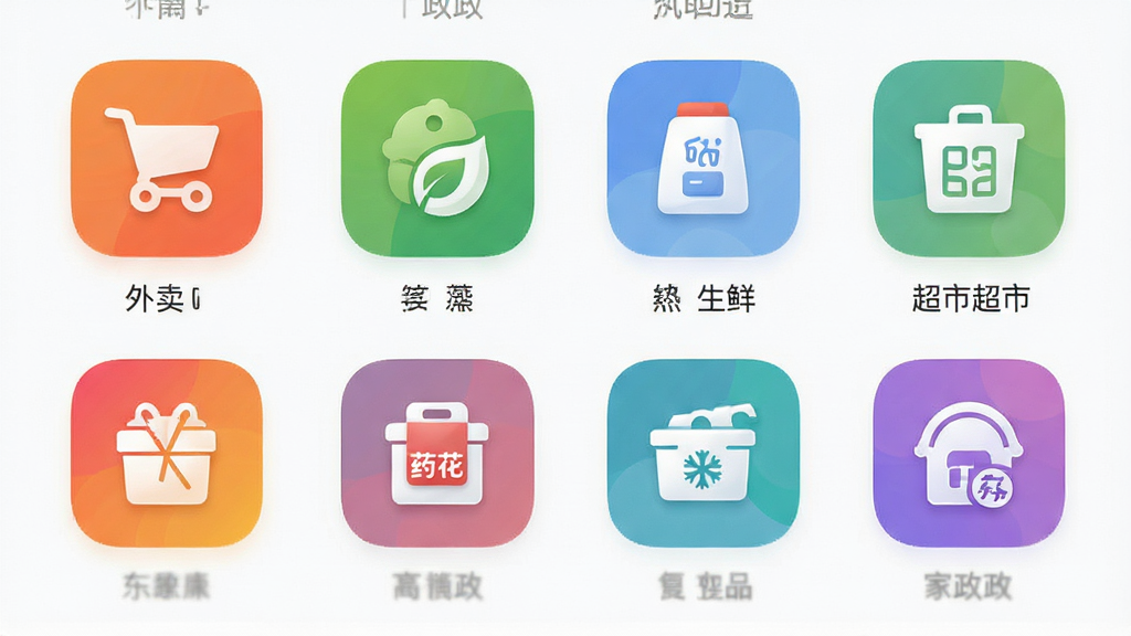 东商到家App服务分类页面展示,以网格图标形式呈现外卖、生鲜、超市、鲜花、药品、家政等众多服务项,每个图标色彩鲜明,布局整齐,背景为浅白色,界面清爽,画质高清,干净无多余元素