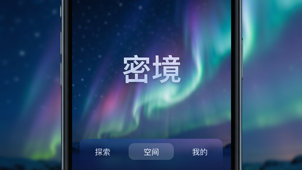 一张智能手机屏幕特写,屏幕中央显示“密境”应用的主界面,界面设计简约现代,以深蓝色和柔和的渐变紫为主色调,背景是模糊的星空与极光效果,界面布局清晰,下方有“探索”、“空间”、“我的”三个主要导航按钮,整体风格科技感与艺术感并存,画质高清,干净无多余元素,主体突出,排版居中,细节丰富,展现“密境”应用的沉浸氛围。