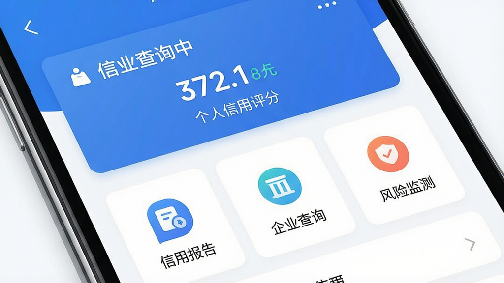 一张展示信用查询中心软件主界面的高清截图,主体为手机屏幕中的软件首页,布局清晰,上方显示个人信用评分卡片,下方排列着“信用报告”、“企业查询”、“风险监测”等功能图标。整体风格简约现代,以蓝色和白色为主色调,界面干净整洁,画质清晰,无多余元素。