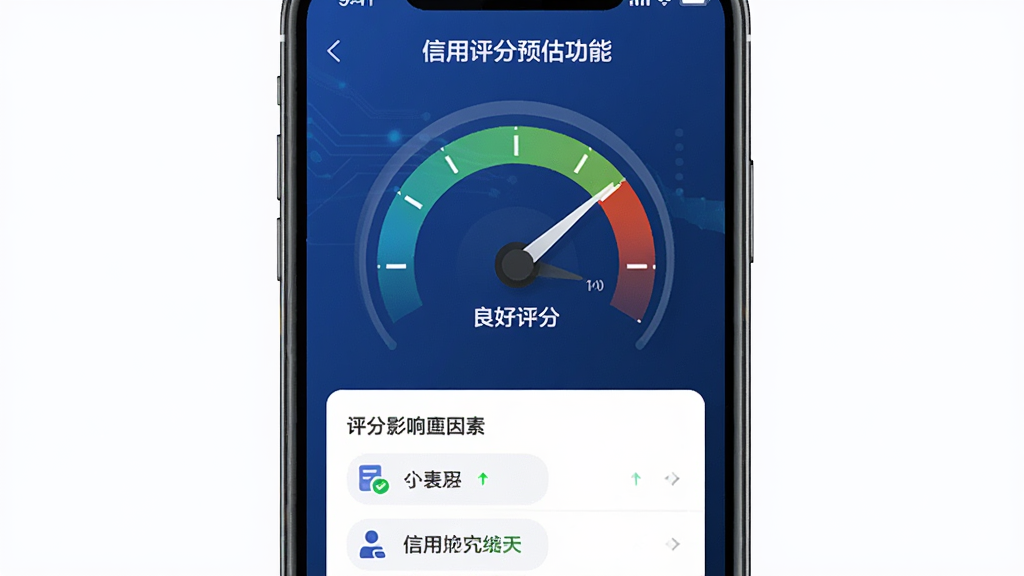 一张展示信用查询中心信用评分预估功能的界面,主体为手机屏幕中的评分仪表盘,指针指向良好区间。布局居中,仪表盘下方列出几个评分影响因素,风格简洁科技感,深蓝色背景,画质干净,无多余元素。