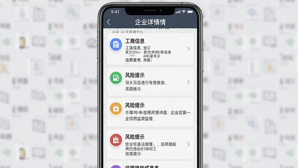 一张展示信用查询中心企业信用监测功能的界面截图,主体为手机屏幕中的企业详情页,包含工商信息、风险提示等模块。布局为列表式,每个模块用不同颜色图标区分,整体风格商务专业,背景浅灰色,画质清晰,无多余元素。