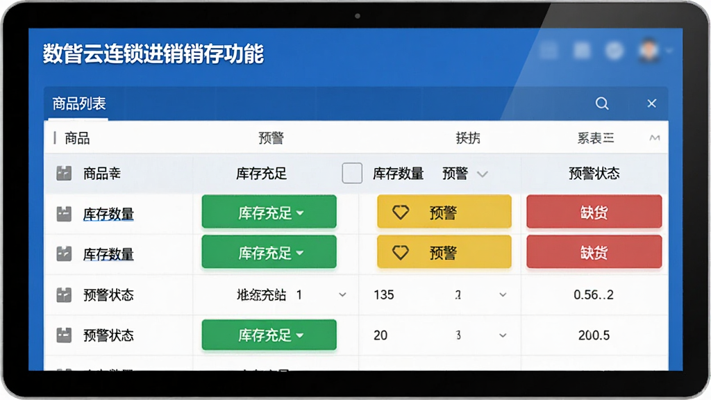 数智云连锁进销存功能截图,展示商品列表、库存数量、预警状态等字段,界面采用表格布局,绿色表示库存充足,黄色表示预警,红色表示缺货,整体风格清晰直观,画质精细