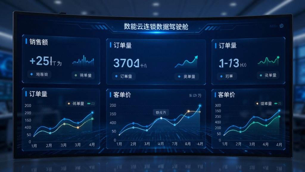 数智云连锁数据驾驶舱大屏展示图,屏幕上有多个数据卡片和折线图,展示销售额、订单量、客单价等关键指标,背景为深蓝色科技感风格,数据线条发光,整体大气专业,画质高清