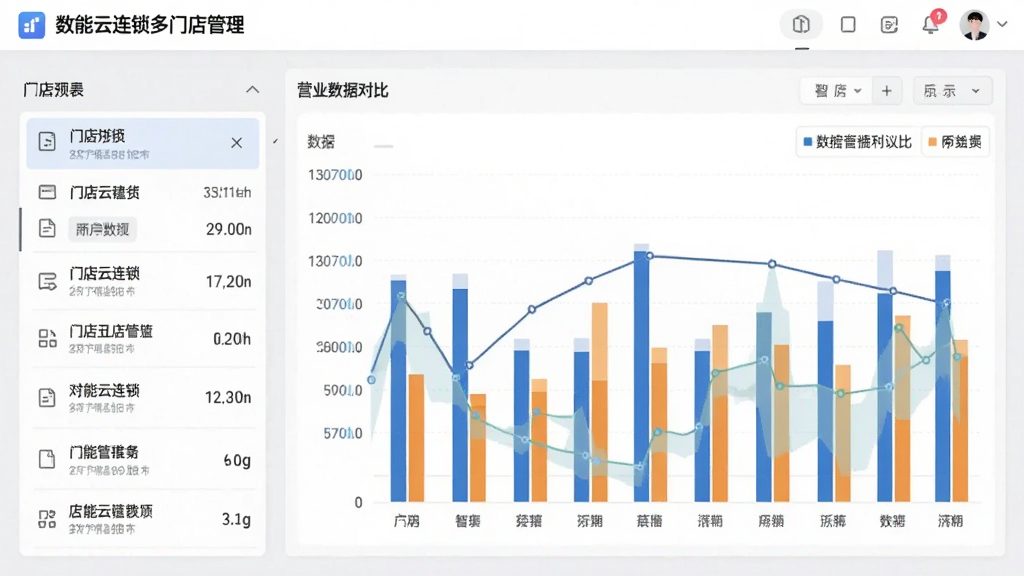 一张数智云连锁多门店管理界面的预览图,左侧显示门店列表,右侧展示各门店的营业数据对比柱状图,背景为浅灰色,整体风格商务简洁,突出数据可视化效果,画质清晰干净