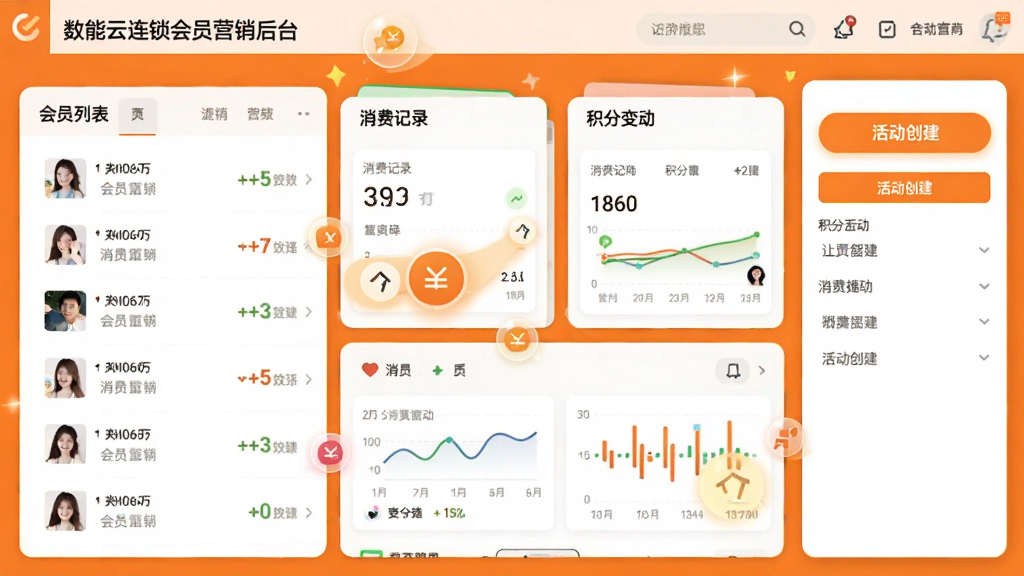 数智云连锁会员营销后台截图,展示会员列表、消费记录、积分变动等模块,右侧有活动创建按钮,界面以橙色和白色为主,风格活泼,突出会员互动元素,画质清晰