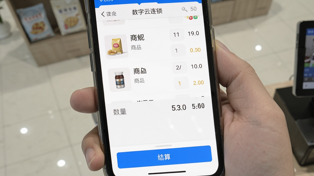 一张手机截图展示数智云连锁的收银界面,屏幕上有商品列表、数量、金额等字段,下方有“结算”按钮,界面清晰明亮,整体风格简洁实用,画质干净