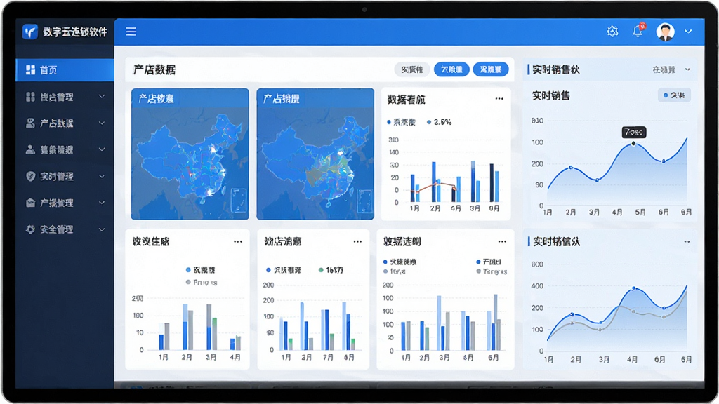 一幅展示数智云连锁软件主界面的高清截图,屏幕中央显示多门店数据看板,左侧为功能导航栏,右侧为实时销售曲线,整体界面简洁现代,以蓝色和白色为主色调,配以清晰的数据图表,画质干净无多余元素