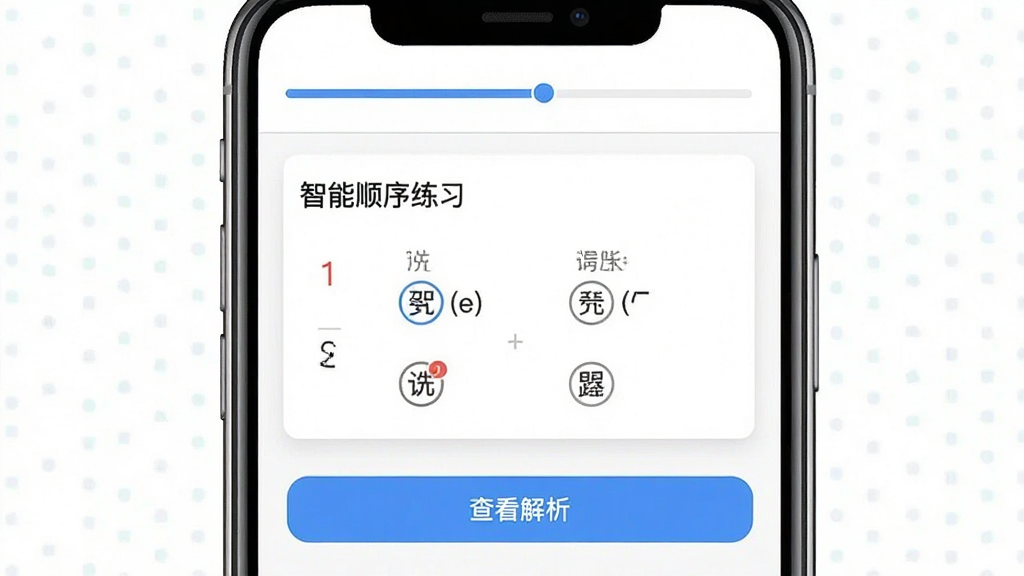 一张「学会驾考」智能顺序练习功能的界面截图,主体为手机屏幕内的一道选择题,下方有“查看解析”按钮,页面顶部显示进度条,背景为干净的白色,配以浅灰色分割线,界面风格现代简约,画质清晰,无多余元素