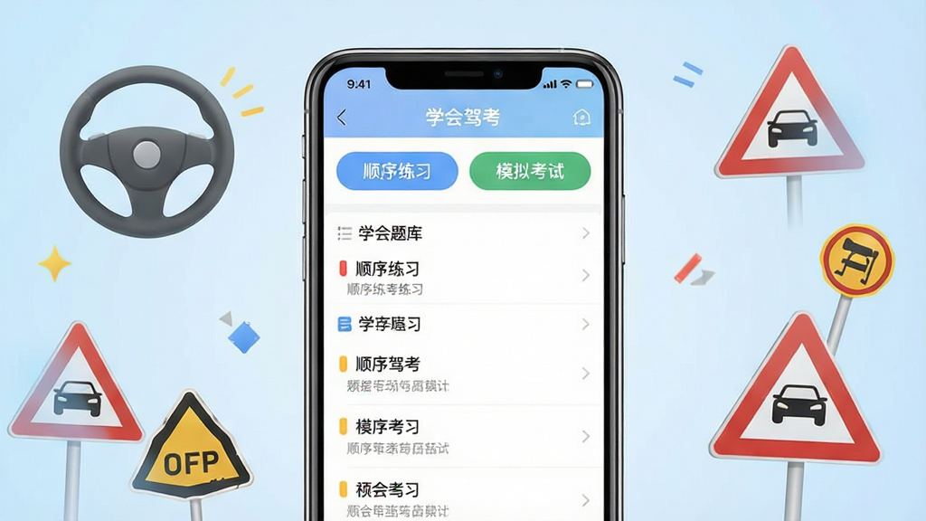 一张展示「学会驾考」软件核心全貌的预览图,画面主体为一部运行着学会驾考APP的智能手机,屏幕中显示着清爽的题库列表界面,顶部有“顺序练习”和“模拟考试”两个彩色按钮,整体布局简洁明亮,背景为淡蓝色渐变,配以方向盘、交通标志等驾考元素点缀,画质高清干净,无多余元素