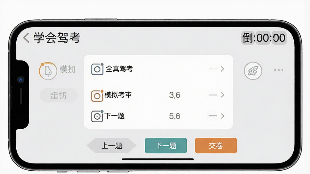 一张「学会驾考」全真模拟考试功能的预览图,画面为手机横屏显示的模拟答题界面,右上角有倒计时,中部是标准的选择题样式,底部有“上一题”“下一题”“交卷”按钮,整体视觉模拟真实考试系统,背景为浅灰色,画质干净,无多余元素