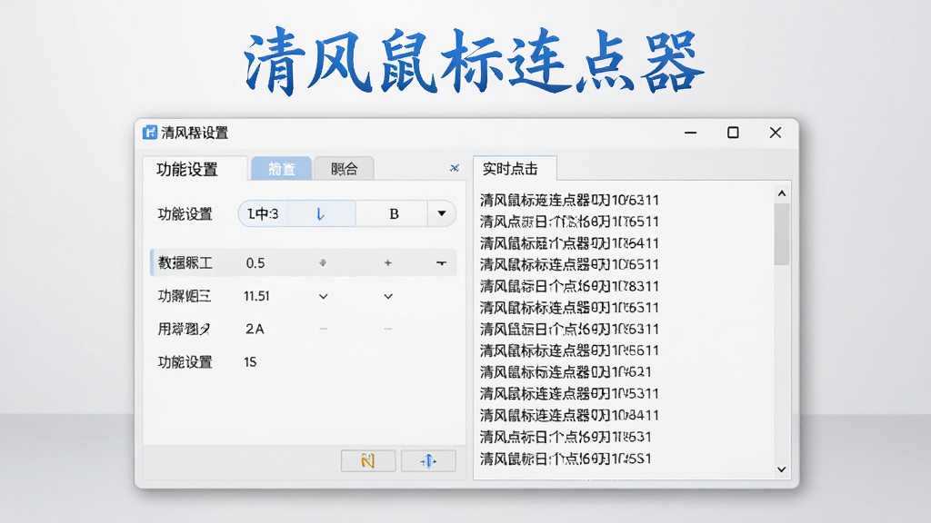 图片中央展示清风鼠标连点器主界面,界面风格清爽简洁,左侧为功能设置区,右侧为实时点击日志,背景为浅灰色渐变,软件名称“清风鼠标连点器”以蓝色艺术字置于顶部,整体布局清晰,细节精致,画质干净,无多余元素