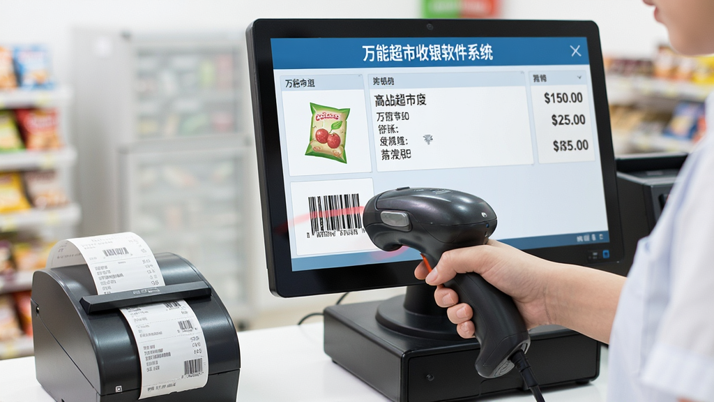 收银员使用扫码枪扫描商品条码,电脑屏幕显示“万能超市收银软件系统”的收银界面,商品信息与价格清晰可见,布局为前台视角,风格写实,细节包括扫码枪、商品条码、收银小票打印机,画质干净明亮,无多余元素