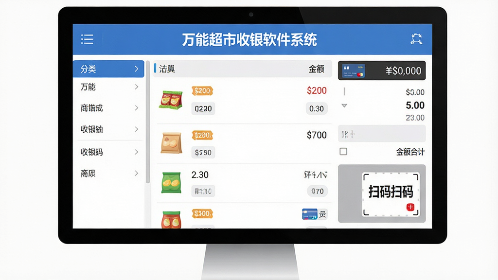 画面主体为“万能超市收银软件系统”的收银台界面,显示商品列表、金额合计与扫码窗口,布局简洁,左侧商品分类,右侧结算区,风格现代扁平,细节包含价格标签与会员卡图标,画质高清干净,无多余元素,屏幕中显示“万能超市收银软件系统”字样