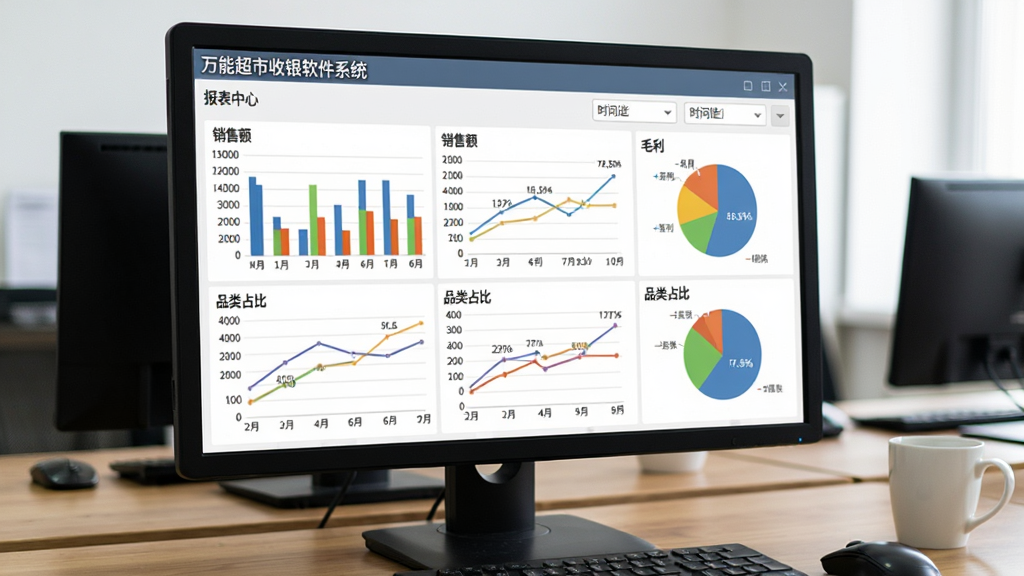 电脑屏幕显示“万能超市收银软件系统”的报表中心,包含柱状图、折线图与饼图,展示销售额、毛利、品类占比,布局为数据可视化风格,背景为办公桌,细节包括数据标签、时间筛选器,画质清晰,无多余元素