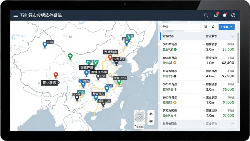 电脑屏幕展示“万能超市收银软件系统”的多门店管理界面,地图上分布多个门店标记,点击显示门店名称与销售数据,布局为地图+列表组合,风格商务,细节包括门店坐标、营业状态图标,画质干净,无多余元素