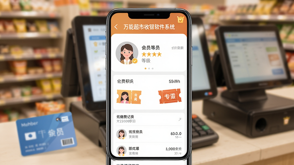 手机屏幕展示“万能超市收银软件系统”的会员管理界面,显示会员头像、等级、积分与消费记录,背景为超市收银台,布局图文结合,风格温馨,细节包括会员卡、优惠券图标,画质干净,无多余元素