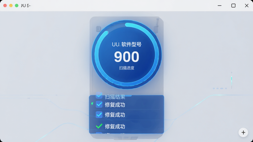 主体:UU盘软件正在扫描U盘的界面;布局:中央显示U盘型号和扫描进度圆环;排版:进度数字居中,下方列出扫描项;风格:科技感蓝色调,背景浅灰;细节:扫描结果打勾,显示“修复成功”文字;画质:高清,干净,无多余元素