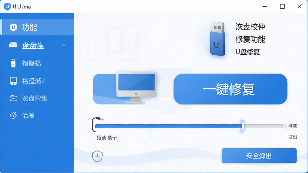 主体:UU盘软件主界面,展示U盘检测与修复功能;布局:左侧功能列表,右侧U盘信息面板,中间大按钮“一键修复”;排版:清晰的分栏布局,界面简洁;风格:现代扁平化设计,蓝色主色调,白色背景;细节:U盘图标插入电脑,扫描进度条显示,底部有“安全弹出”按钮;画质:高清,干净,无多余元素