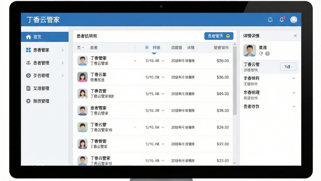 一张展示丁香云管家软件主界面的电脑截图,界面包含左侧功能导航栏、中央患者列表与右侧详情面板,整体采用蓝白配色,简洁清晰,文字显示“丁香云管家”,扁平化设计风格,画质干净,无多余元素