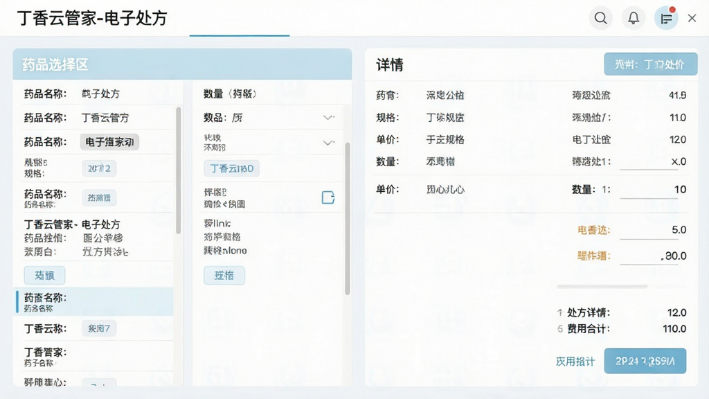 一张丁香云管家电子处方开具界面的截图,左侧为药品选择区,右侧为处方详情与费用合计,界面清晰显示药品名称、规格、数量、单价,文字“丁香云管家-电子处方”,现代医疗风格,浅色背景,高清晰度,无多余元素
