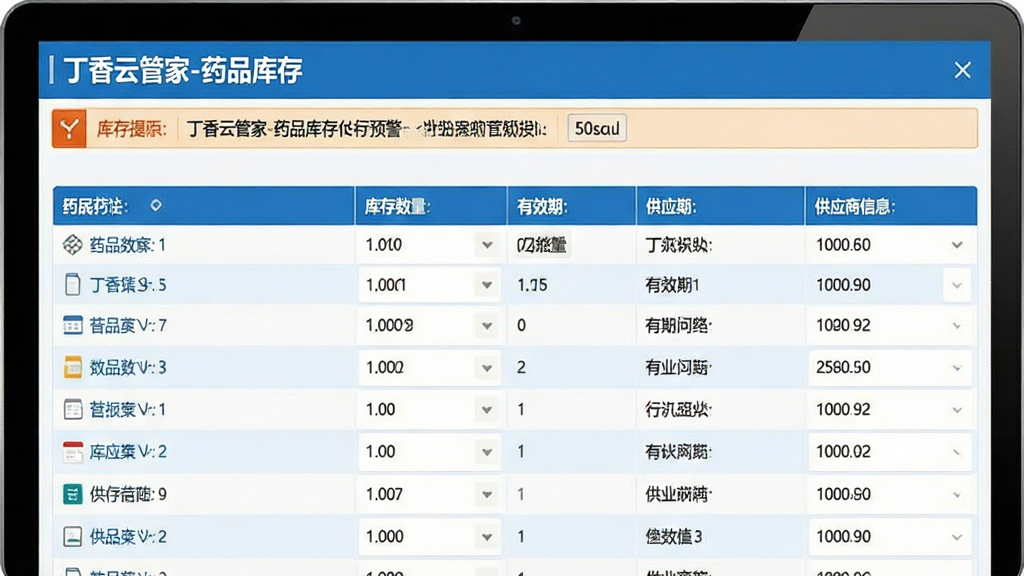 一张丁香云管家药品库存管理界面的截图,展示药品列表、库存数量、有效期、供应商信息,顶部有库存预警提示条,文字“丁香云管家-药品库存”,界面采用蓝白色调,数据清晰,画质干净,无多余元素