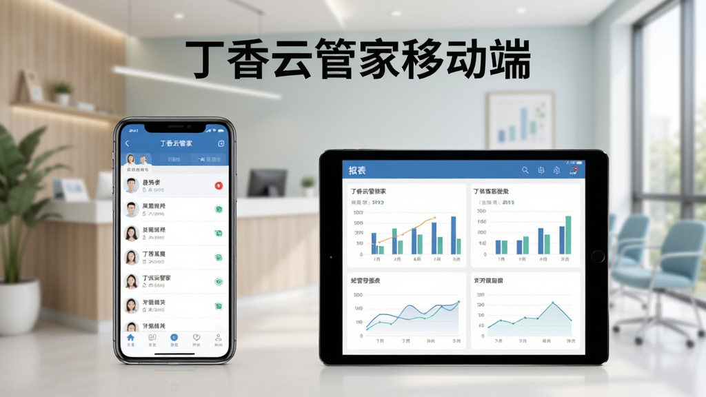 一张展示丁香云管家在手机和平板设备上使用的场景图,手机屏幕显示患者列表界面,平板显示经营报表,背景为现代诊所环境,画面明亮,文字“丁香云管家移动端”,摄影写实风格,高清晰度,无多余元素