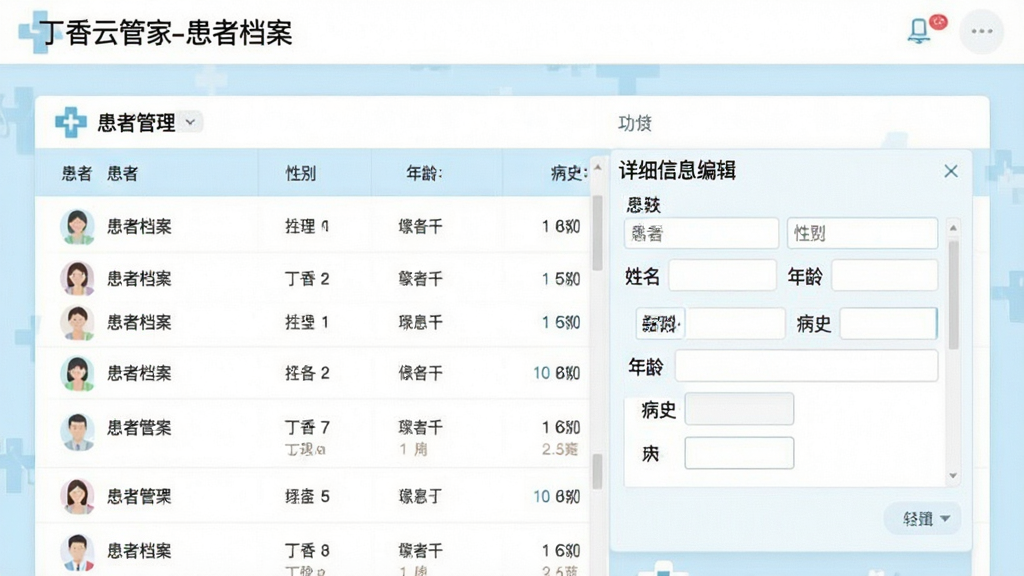 一张展示丁香云管家患者档案管理功能的界面截图,页面显示患者列表、详细信息编辑框,包含姓名、性别、年龄、病史等字段,背景为浅蓝色医疗风格,文字标注“丁香云管家-患者档案”,扁平化UI设计,画质清晰,无多余元素