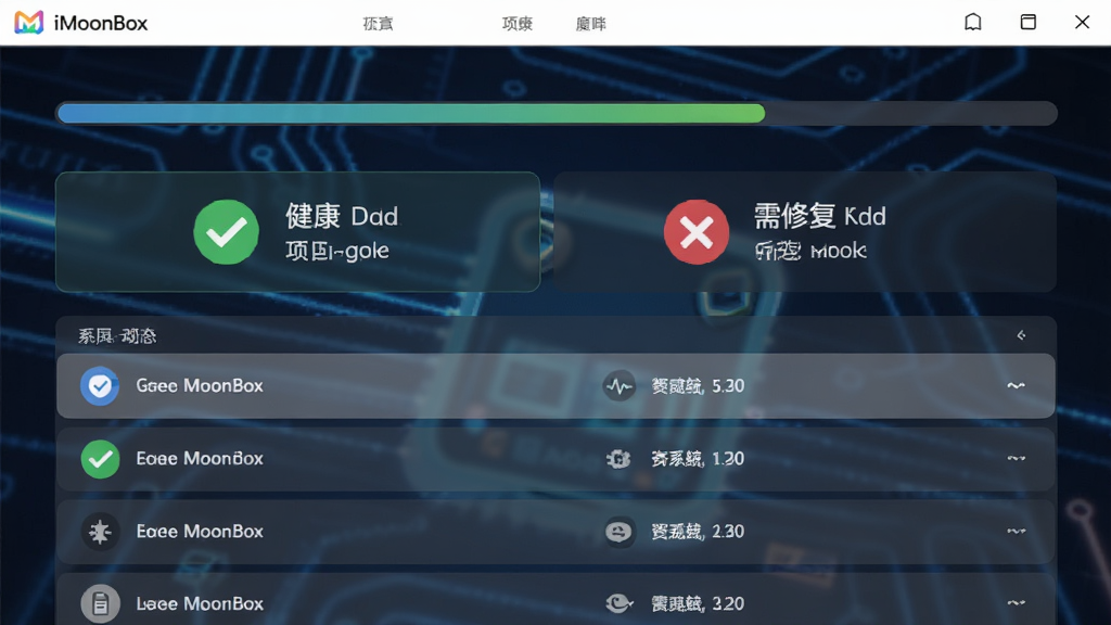 iMoonBox一键体检功能界面,扫描动画展示系统各项目状态,绿色对勾表示健康,红色叉号表示需修复,背景为科技感光效,界面布局上方为进度条,下方为项目列表,扁平化UI风格,画质清晰干净,无多余元素