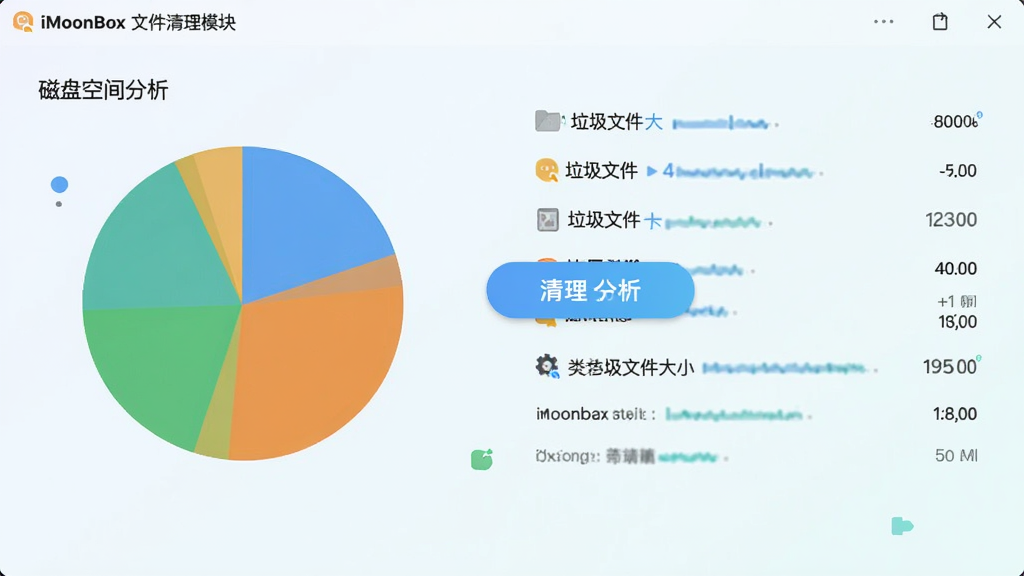 iMoonBox文件清理模块,显示磁盘空间分析饼图,列出各类垃圾文件大小,背景为浅色渐变,界面中央为清理按钮,设计风格简洁明亮,扁平化布局,画质干净,无多余元素
