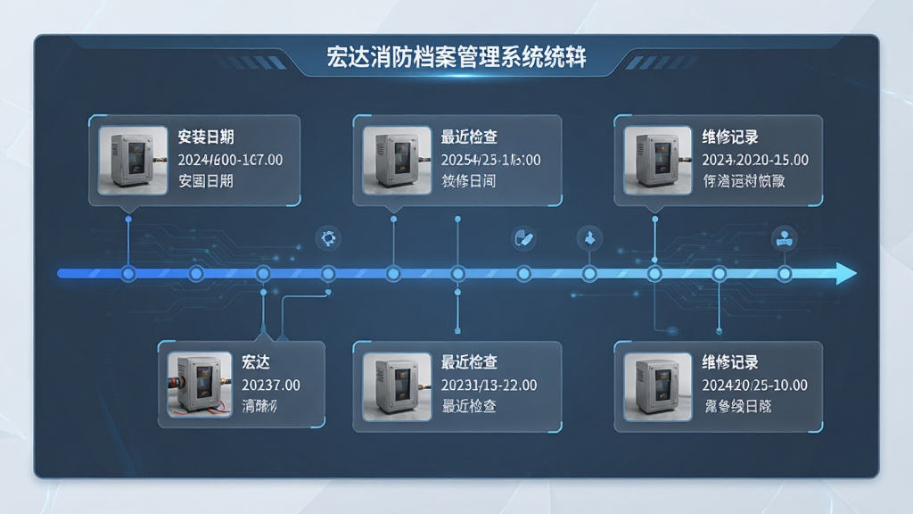 主体:宏达消防档案管理系统的设备生命周期时间轴。布局:中央为时间轴,上下分布各类事件节点。排版:时间线清晰,事件信息详细。风格:简洁科技感风格,蓝灰色调。细节:显示“安装日期”、“最近检查”、“维修记录”等节点,并配有设备缩略图。画质:高清,干净,无多余元素。