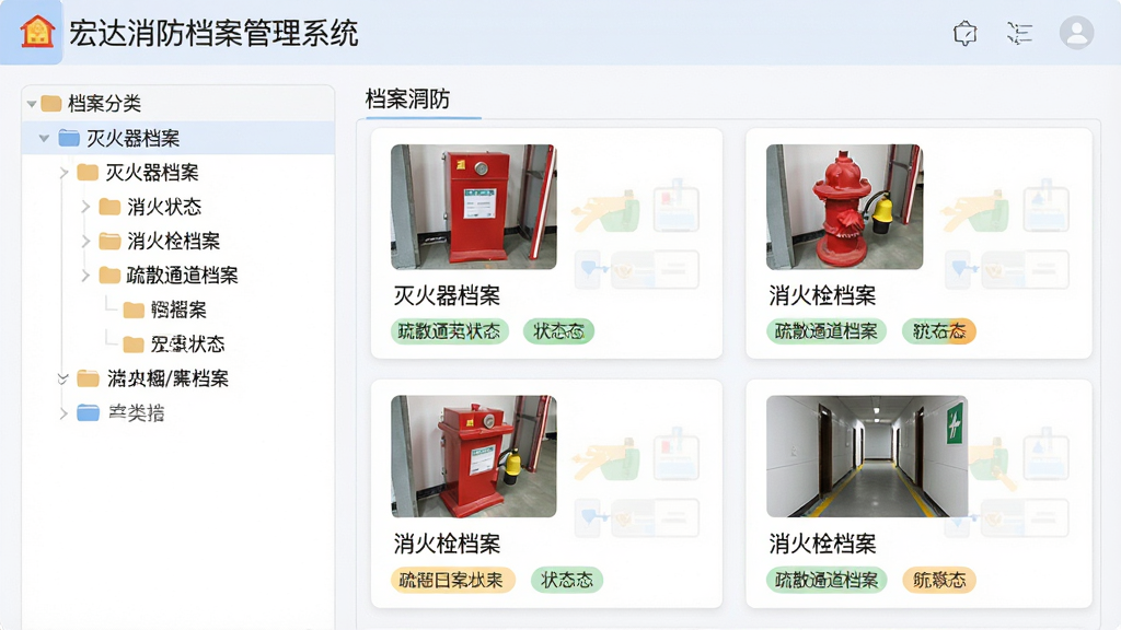 主体:宏达消防档案管理系统的档案分类界面。布局:左侧树形分类目录,右侧为档案卡片列表。排版:分类层级清晰,卡片信息展示完整。风格:扁平化设计,色彩柔和。细节:显示“灭火器档案”、“消火栓档案”、“疏散通道档案”等分类,卡片上带有设备图片与状态标签。画质:高清,干净,无多余元素。