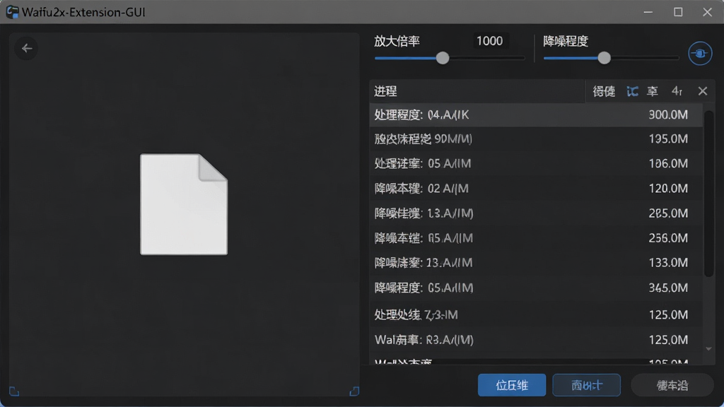 一张展示Waifu2x-Extension-GUI主界面的宽幅截图,左侧是文件拖拽区域,右侧为处理进度列表,顶部有“放大倍率”“降噪程度”滑块,界面为深色现代风格,中文按钮清晰可见,画面干净无多余元素,整体布局规整,高分辨率画质