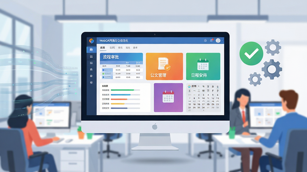图片主体为现代办公场景,画面中央一台悬浮的电脑显示器中显示WebOA网络办公自动化软件的看板界面,界面包含“流程审批”“公文管理”“日程安排”等彩色模块图标,背景为虚化的现代办公室,有员工在电脑前协作。布局采用居中对称,显示器位于画面黄金分割点,左侧有半透明数据流动线条,右侧有绿色对勾与齿轮图标点缀。排版干净清爽,留白充足,整体风格为扁平化商务插画,细节包括屏幕上的表格、进度条和日历控件,画质高清,色彩明亮,无多余元素。