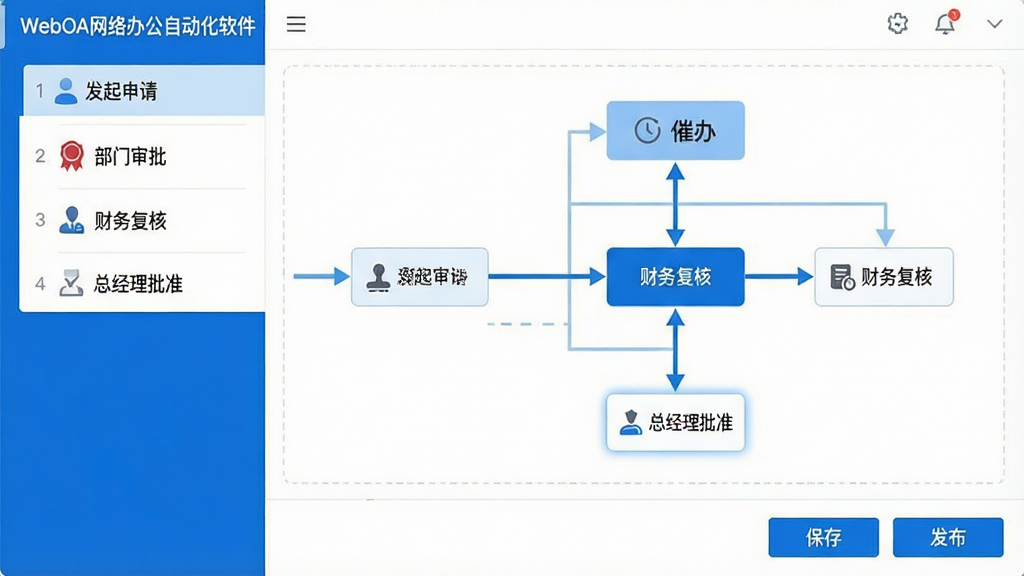 图片主体为WebOA网络办公自动化软件的流程设计界面,画面上有一个简洁的流程图,包含“发起申请”“部门审批”“财务复核”“总经理批准”等节点,节点之间用蓝色箭头连接,其中一个节点高亮显示“催办”按钮。布局为左上角流程节点列表,右侧大面积画布展示流程图,底部有“保存”“发布”按钮。排版采用左右结构,风格为商务科技感,细节包括节点上的小图标(如人像、印章、时钟),画质清晰,色彩以蓝白为主,干净无多余元素。