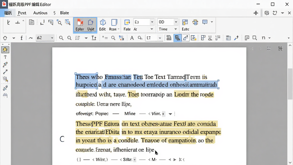 主体:福昕高级PDF编辑器编辑文本的界面,选中文字显示高亮。布局:文档居中,光标闪烁,工具栏高亮显示编辑选项。排版:简洁直观。风格:专业办公软件风格。细节:文字修改前后对比,字体属性栏可见。画质:高清,干净,无多余元素。