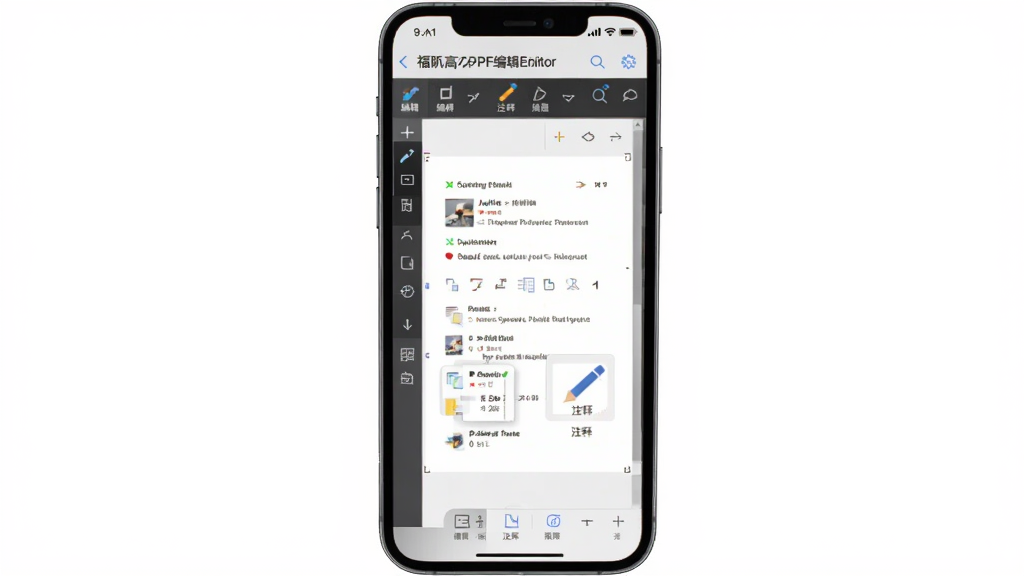 主体:福昕高级PDF编辑器在手机上的界面截图,显示编辑工具。布局:手机居中,屏幕显示应用界面。排版:竖屏展示。风格:移动端UI设计。细节:屏幕上有“编辑”、“注释”图标。画质:高清,干净,无多余元素。