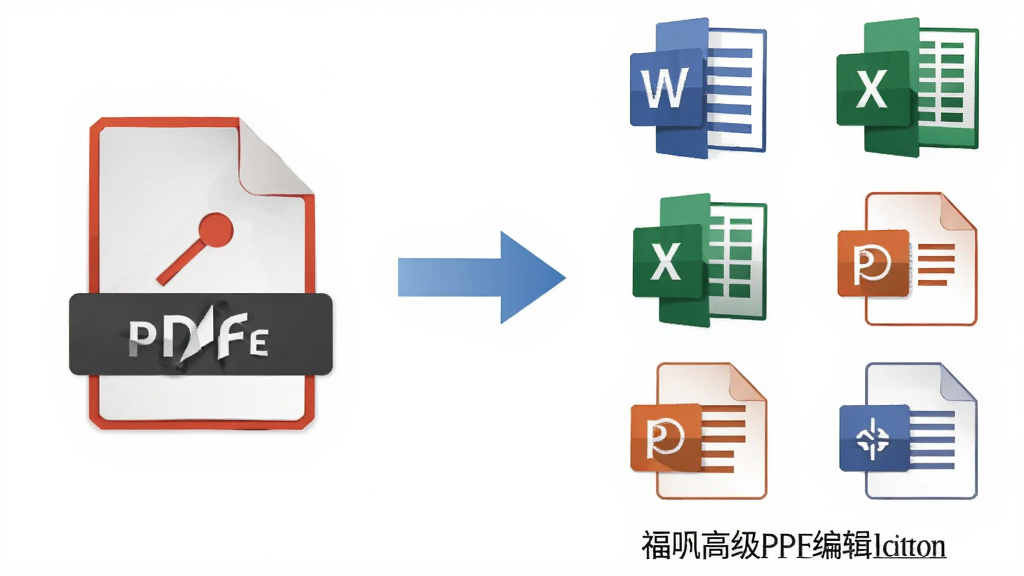 主体:福昕高级PDF编辑器格式转换功能示意图。布局:左侧PDF图标,右侧Word、Excel、PPT等图标,中间有箭头连接。排版:图标式流程展示。风格:现代扁平化。细节:转换后文件保持排版一致。画质:高清,干净,无多余元素。